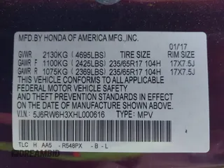 2017 Honda CR-V LX with VIN 5J6RW6H3XHL000616, listed as a IAAI auction lot 41132561 with 64,270 mi miles. Bid and sale history available at carsss.com. Image 9.