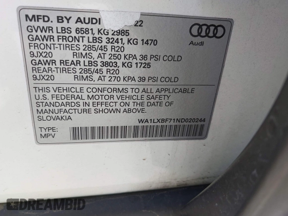 2022 Audi Q7 Premium Plus with VIN WA1LXBF71ND020244, listed as a IAAI auction lot 42115796 with 41,893 mi miles and . Bid and sale history available at DreamBid. Image 9.