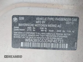 2013 BMW 3 Series 328i xDrive with VIN WBA3B5G53DNP40721, listed as a IAAI auction lot 42614545 with 102,570 mi miles and . Bid and sale history available at DreamBid. Image 9.
