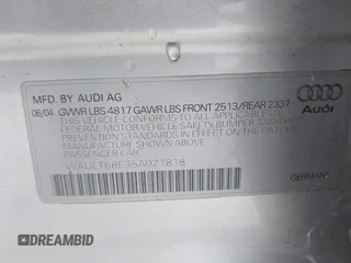 2005 Audi A4 3.0L with VIN WAULT68E35A021818, listed as a IAAI auction lot 41986513 with 189,449 mi miles. Bid and sale history available at carsss.com. Image 9.