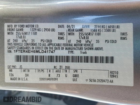 2021 Ford Ranger XL with VIN 1FTER4EH6MLD41747, listed as a Copart auction lot 49598195 with 32,662 mi miles and Salvage Title. Bid and sale history available at DreamBid. Image 14.