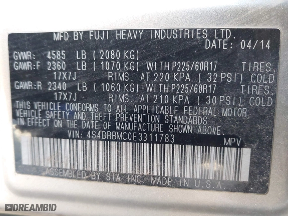 2014 Subaru Outback 2.5i Limited with VIN 4S4BRBMC0E3311783, listed as a IAAI auction lot 41950362 with 125,517 mi miles. Bid and sale history available at carsss.com. Image 9.