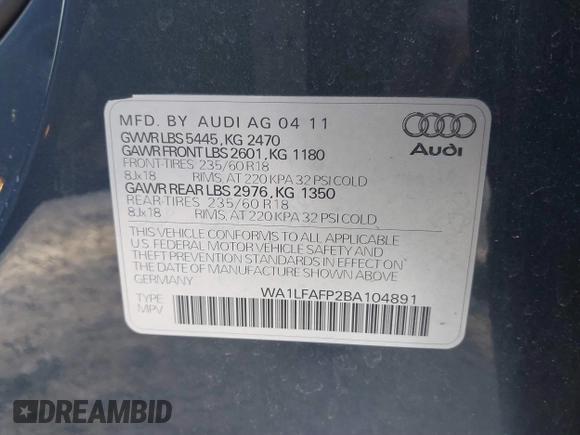 2011 Audi Q5 Premium Plus with VIN WA1LFAFP2BA104891, listed as a IAAI auction lot 41781449 with 122,081 mi miles and . Bid and sale history available at DreamBid. Image 9.