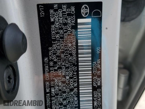 2017 Toyota Mirai with VIN JTDBVRBD5HA003769, listed as a Copart auction lot 52921395 with 78,710 mi miles and Clean Title. Bid and sale history available at DreamBid. Image 12.