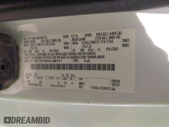 2017 Ford F-150 XL with VIN 1FTMF1EF4HKC48111, listed as a IAAI auction lot 41895893 with 70,013 mi miles and . Bid and sale history available at DreamBid. Image 9.