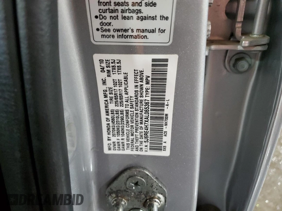 2010 Honda CR-V EX-L with VIN 5J6RE4H7XAL065367, listed as a Copart auction lot 55702135 with 181,891 mi miles and Salvage title. Bid and sale history available at DreamBid. Image 14.