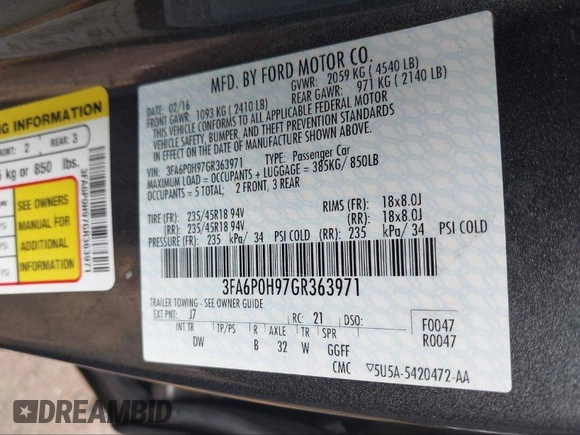 2016 Ford Fusion SE with VIN 3FA6P0H97GR363971, listed as a IAAI auction lot 41086941 with 107,202 mi miles and . Bid and sale history available at carsss.com. Image 9.