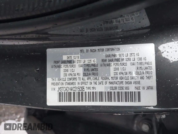 2019 Mazda CX-9 Grand Touring with VIN JM3TCADY4K0315095, listed as a IAAI auction lot 41573317 with 64,635 mi miles. Bid and sale history available at carsss.com. Image 9.
