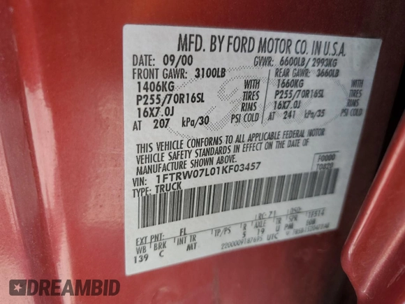 2001 Ford F-150 XLT с VIN 1FTRW07L01KF03457, выставлен на аукционе Copart как лот 60086725 с пробегом 205 917 миль миль и Списание • Salvage title. История ставок и продаж доступна на DreamBid. Изображение 12.