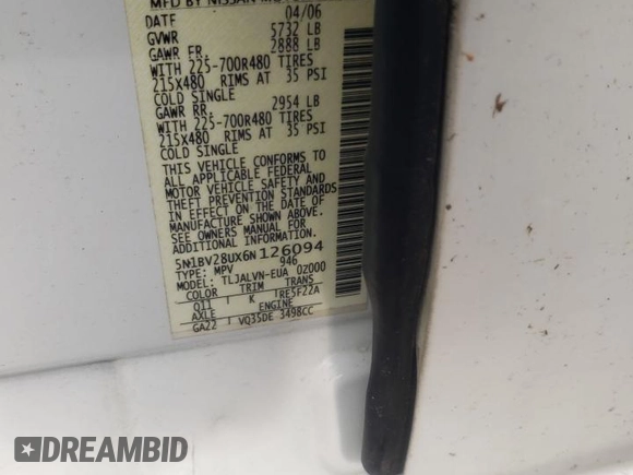2006 Nissan Quest S Special Edition with VIN 5N1BV28UX6N126094, listed as a Copart auction lot 84934494 with 194,706 mi miles and Salvage Title. Bid and sale history available at carsss.com. Image 13.