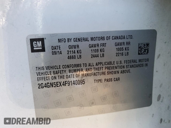 2015 Buick Regal Premium I with VIN 2G4GN5EX4F9140095, listed as a Copart auction lot 46294715 with 225,647 mi miles and Salvage title. Bid and sale history available at DreamBid. Image 15.