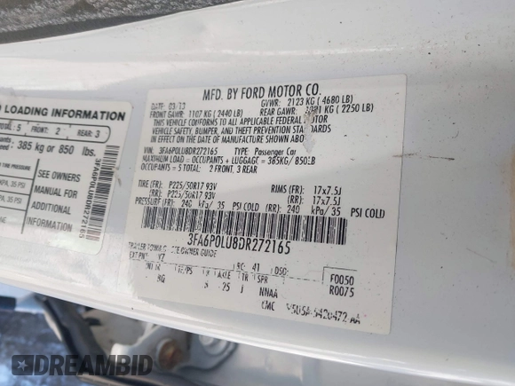 2013 Ford Fusion SE Hybrid with VIN 3FA6P0LU8DR272165, listed as a IAAI auction lot 41333539 with 196,843 mi miles. Bid and sale history available at carsss.com. Image 9.