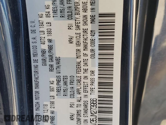 2018 Mazda 3 Touring with VIN 3MZBN1V35JM273966, listed as a Copart auction lot 52577955 with 39,962 mi miles and Salvage Title. Bid and sale history available at carsss.com. Image 12.