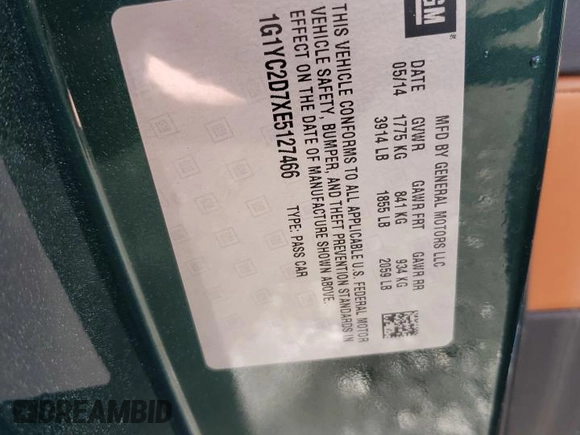 2014 Chevrolet Corvette 2LT with VIN 1G1YC2D7XE5127466, listed as a Copart auction lot 74580694 with 14,516 mi miles and Salvage Title. Bid and sale history available at carsss.com. Image 12.