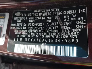2014 Kia Sorento LX with VIN 5XYKTDA61EG475569, listed as a IAAI auction lot 41924158 with 58,724 mi miles and . Bid and sale history available at carsss.com. Image 9.