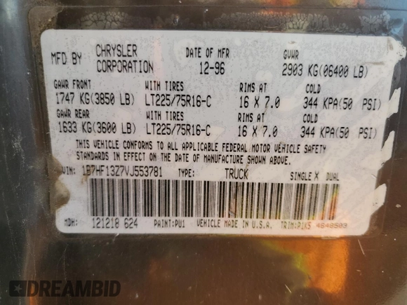 1997 Dodge 1500 with VIN 1B7HF13Z7VJ553781, listed as a Copart auction lot 88131235 with 438,903 mi miles and Salvage Title. Bid and sale history available at DreamBid. Image 12.