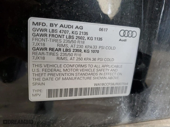 2018 Audi Q3 Premium with VIN WA1BCCFS8JR007554, listed as a Copart auction lot 50828605 with 66,195 mi miles and Clean Title. Bid and sale history available at carsss.com. Image 13.