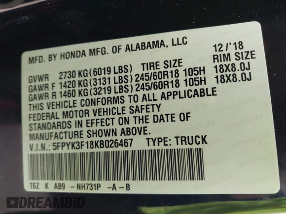 2019 Honda Ridgeline Sport z VIN 5FPYK3F18KB026467, wystawiony jako IAAI lot #41428471 z przebiegiem 30 691 mil mil oraz . Historia ofert i sprzedaży dostępna na DreamBid. Obrazek 9.