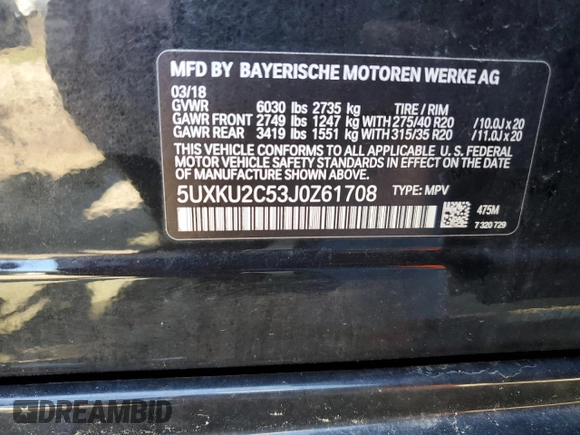 2018 BMW X6 xDrive35i with VIN 5UXKU2C53J0Z61708, listed as a Copart auction lot 68204043 with 41,396 mi miles. Bid and sale history available at carsss.com. Image 12.