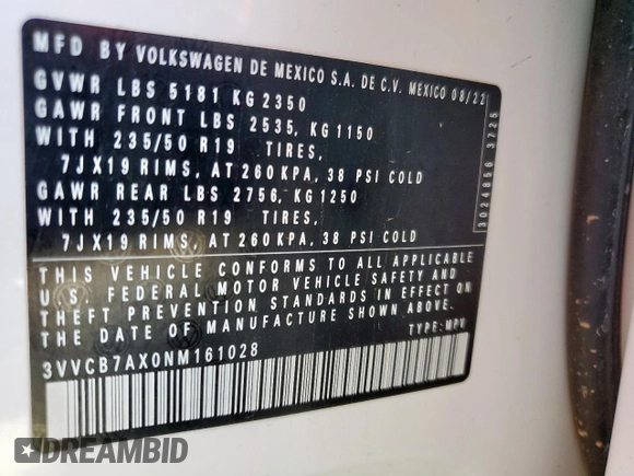 2022 Volkswagen Tiguan SE R-Line Black z VIN 3VVCB7AX0NM161028, wystawiony jako Copart lot #52976305 z przebiegiem 21 938 mil mil oraz Szkoda całkowita • Salvage title. Historia ofert i sprzedaży dostępna na DreamBid. Obrazek 14.