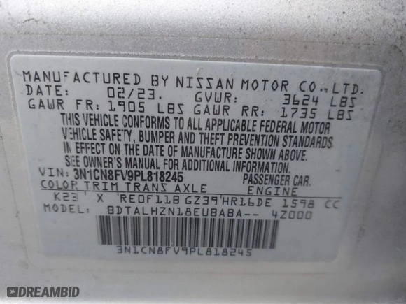 2023 Nissan Versa SR with VIN 3N1CN8FV9PL818245, listed as a IAAI auction lot 41464120 with 32,208 mi miles. Bid and sale history available at carsss.com. Image 9.