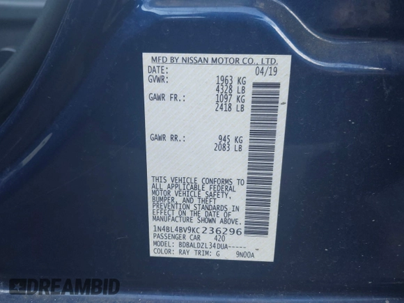 2019 Nissan Altima S with VIN 1N4BL4BV9KC236296, listed as a IAAI auction lot 41304076 with 71,152 mi miles and . Bid and sale history available at DreamBid. Image 9.
