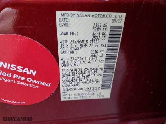 2017 Nissan Murano Platinum with VIN 5N1AZ2MH5HN193312, listed as a Copart auction lot 88473645 with 112,938 mi miles and Salvage Title. Bid and sale history available at carsss.com. Image 14.