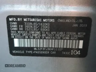 2019 Mitsubishi Mirage ES z VIN ML32F3FJ3KHF11107, wystawiony jako Copart lot #50464835 z przebiegiem 106 636 mil mil oraz Szkody całkowita. Historia ofert i sprzedaży dostępna na DreamBid. Obrazek 13.
