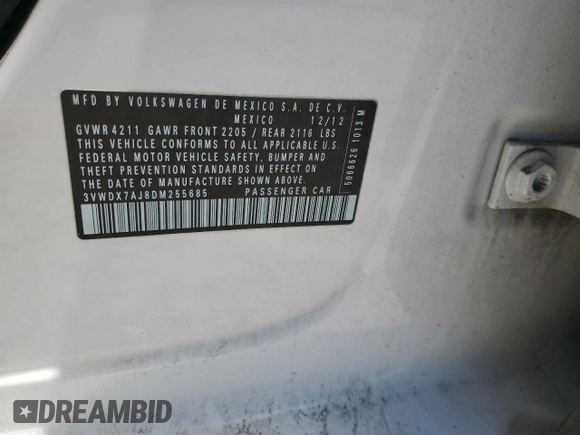 2013 Volkswagen Jetta SE with VIN 3VWDX7AJ8DM255685, listed as a Copart auction lot 59318365 with 146,345 mi miles and Salvage title. Bid and sale history available at DreamBid. Image 12.
