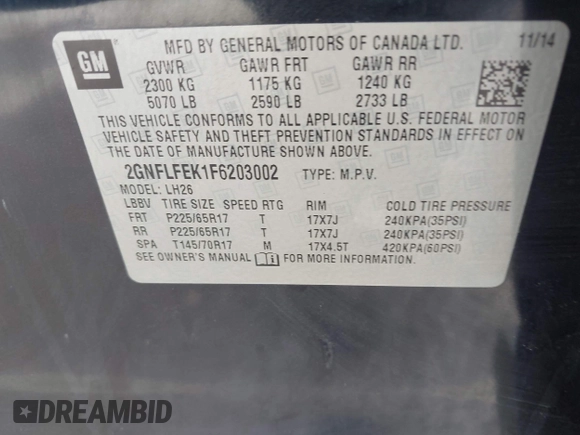2015 Chevrolet Equinox LT z VIN 2GNFLFEK1F6203002, wystawiony jako IAAI lot #42282095 z przebiegiem 185 222 mil mil oraz . Historia ofert i sprzedaży dostępna na DreamBid. Obrazek 9.