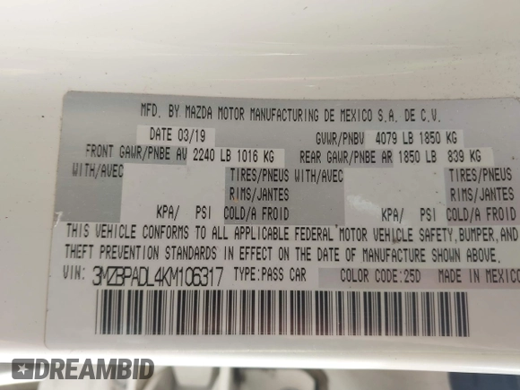 2019 Mazda 3 Preferred with VIN 3MZBPADL4KM106317, listed as a IAAI auction lot 42007588 with 45,470 mi miles and . Bid and sale history available at DreamBid. Image 9.