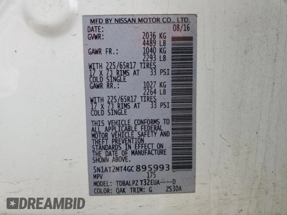 2016 Nissan Rogue SL with VIN 5N1AT2MT4GC895993, listed as a Copart auction lot 47048435 with 83,196 mi miles and Clean Title. Bid and sale history available at DreamBid. Image 14.