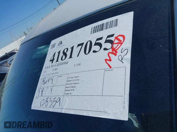 2011 Ford F-150 XL with VIN 1FTFX1EF3BFC28468, listed as a IAAI auction lot 41817055 with 128,359 mi miles. Bid and sale history available at carsss.com. Image 17.