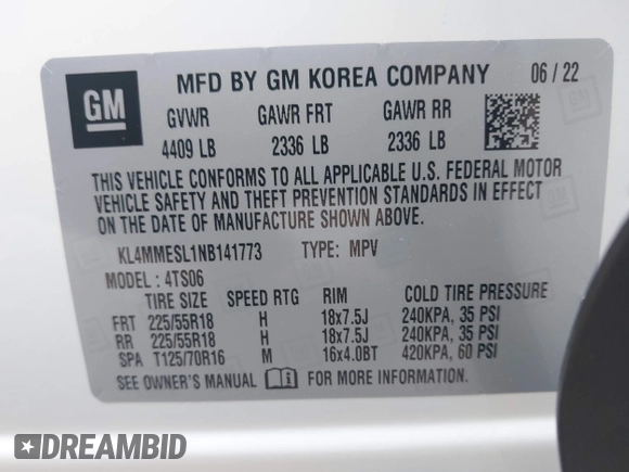 2022 Buick Encore GX Select с VIN KL4MMESL1NB141773, выставлен на аукционе IAAI как лот 42381986 с пробегом 22 982 миль миль и . История ставок и продаж доступна на DreamBid. Изображение 9.