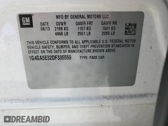 2013 Buick LaCrosse with VIN 1G4GA5E32DF335559, listed as a Copart auction lot 50178905 with 170,603 mi miles and Salvage title. Bid and sale history available at DreamBid. Image 14.