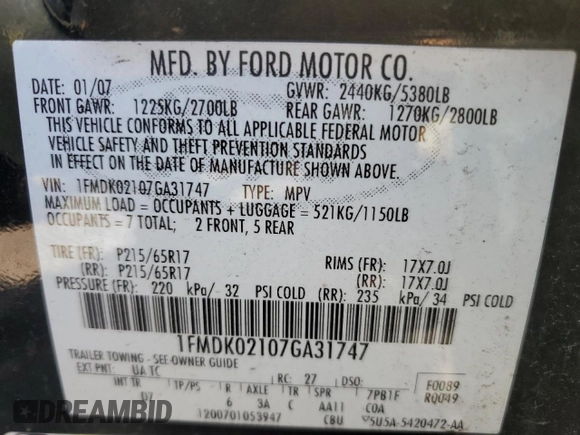 2007 Ford Freestyle SEL z VIN 1FMDK02107GA31747, wystawiony jako Copart lot #49525865 z przebiegiem 172 765 mil mil oraz Szkoda całkowita • Salvage title. Historia ofert i sprzedaży dostępna na DreamBid. Obrazek 15.