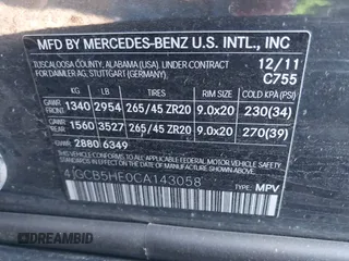 2012 Mercedes-Benz R 350 with VIN 4JGCB5HE0CA143058, listed as a IAAI auction lot 41816422 with 153,103 mi miles and . Bid and sale history available at DreamBid. Image 9.