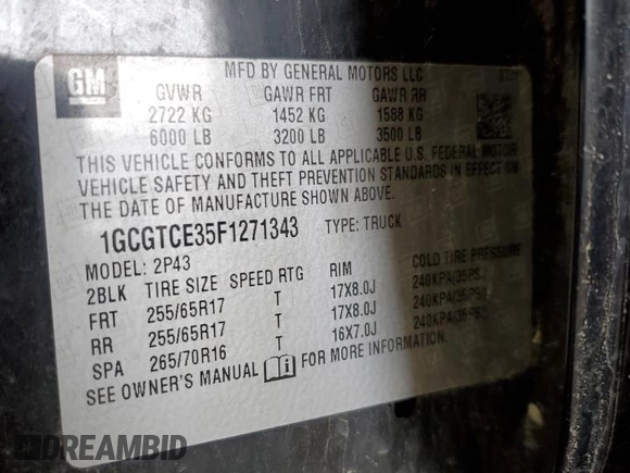 2015 Chevrolet Colorado 4WD Z71 with VIN 1GCGTCE35F1271343, listed as a Copart auction lot 48898704 with 109,608 mi miles and Salvage title. Bid and sale history available at DreamBid. Image 13.