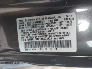 2011 Honda Odyssey EX-L with VIN 5FNRL5H61BB072124, listed as a IAAI auction lot 42115299 with 155,086 mi miles and . Bid and sale history available at DreamBid. Image 9.