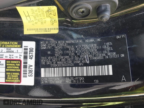 2011 Toyota Sienna XLE with VIN 5TDDK3DC2BS024429, listed as a IAAI auction lot 42091570 with 159,398 mi miles and . Bid and sale history available at DreamBid. Image 9.