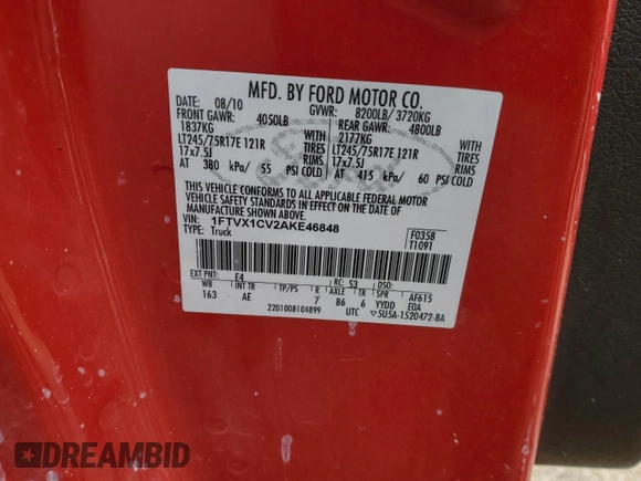 2010 Ford F-150 XL with VIN 1FTVX1CV2AKE46848, listed as a IAAI auction lot 42841799 with 153,680 mi miles and . Bid and sale history available at DreamBid. Image 10.