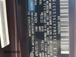 2014 Kia Optima LX with VIN 5XXGM4A76EG337882, listed as a Copart auction lot 53043565 with 98,142 mi miles and Salvage Title. Bid and sale history available at carsss.com. Image 15.