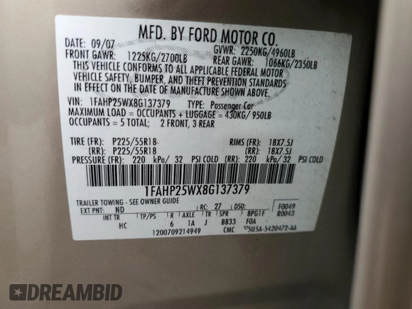 2008 Ford Taurus Limited with VIN 1FAHP25WX8G137379, listed as a Copart auction lot 81735244 with 91,157 mi miles and Salvage Title. Bid and sale history available at carsss.com. Image 14.