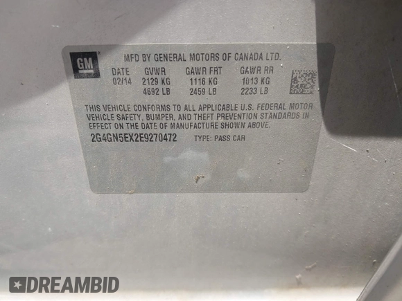 2014 Buick Regal Premium I with VIN 2G4GN5EX2E9270472, listed as a IAAI auction lot 42591013 with Not provided miles and . Bid and sale history available at DreamBid. Image 9.