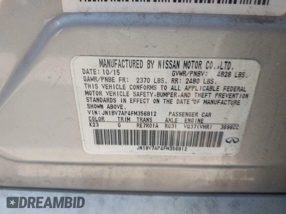 2015 Infiniti Q50 Premium with VIN JN1BV7AP4FM356812, listed as a IAAI auction lot 42135635 with 183,689 mi miles. Bid and sale history available at carsss.com. Image 9.