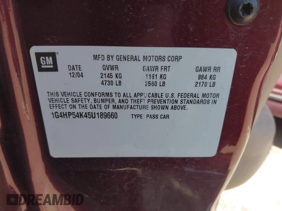 2005 Buick LeSabre Custom with VIN 1G4HP54K45U189660, listed as a IAAI auction lot 42105706 with 121,223 mi miles and . Bid and sale history available at carsss.com. Image 9.