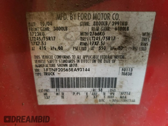 2005 Ford F-250 XL with VIN 1FTNF20565EA93144, listed as a Copart auction lot 62291085 with 131,720 mi miles and Salvage title. Bid and sale history available at DreamBid. Image 12.