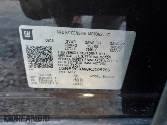 2019 Chevrolet Traverse LT Cloth с VIN 1GNERGKW8KJ105766, выставлен на аукционе Copart как лот 55233615 с пробегом 76 210 миль миль и На запчасти • Non repairable. История ставок и продаж доступна на DreamBid. Изображение 13.