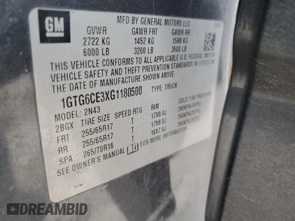 2016 GMC Canyon 4WD SLE with VIN 1GTG6CE3XG1180500, listed as a Copart auction lot 89325085 with 191,577 mi miles and Salvage Title. Bid and sale history available at carsss.com. Image 13.