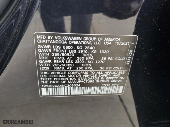 2022 Volkswagen Atlas Cross Sport 3.6L V6 SE w/Technology with VIN 1V2JE2CA4NC205024, listed as a Copart auction lot 74591234 with 63,897 mi miles and Non Repairable. Bid and sale history available at carsss.com. Image 14.